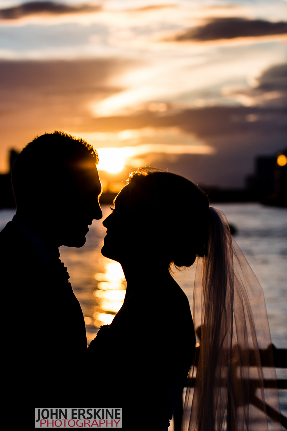 Bride and Groom Sunset Portrait - trafalgar tavern wedding photos